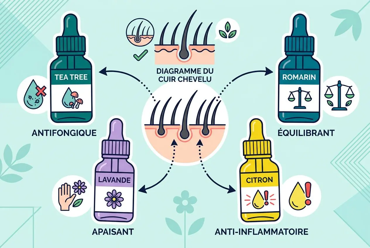 Diagramme du cuir chevelu avec huiles et remèdes naturels: anti-inflammatoire au citron, équilibrant à la romarine, apaisant à la lavande, antifongique au tea tree, solution cuir chevelu qui gratte solution naturelle.