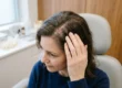 Femme consultante, main sur le cuir chevelu irrité, démontrant des démangeaisons et inconfort; contexte d’une solution naturelle pour cuir chevelu qui gratte.