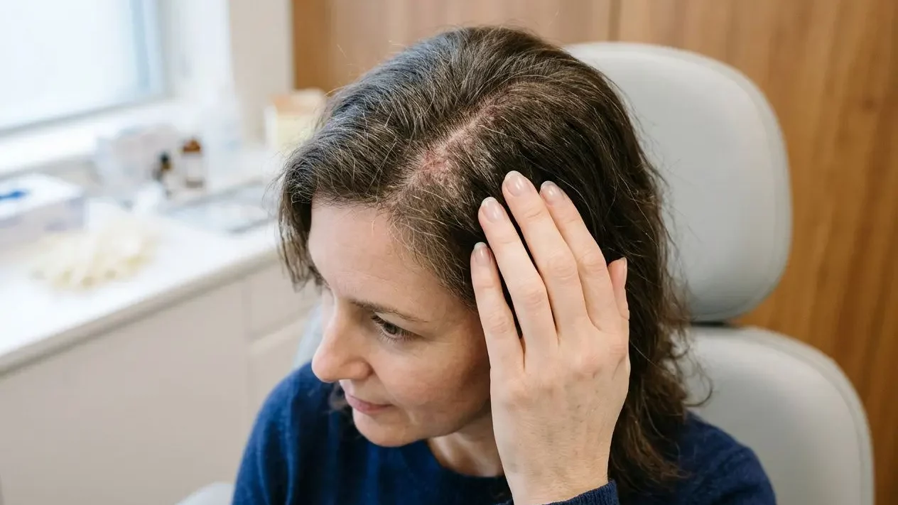 Femme consultante, main sur le cuir chevelu irrité, démontrant des démangeaisons et inconfort; contexte d’une solution naturelle pour cuir chevelu qui gratte.