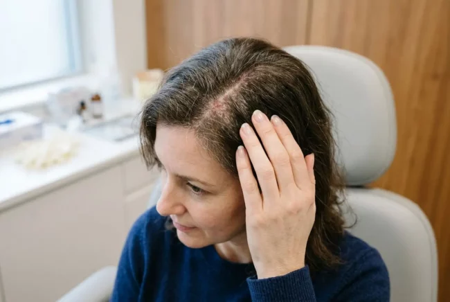 Femme consultante, main sur le cuir chevelu irrité, démontrant des démangeaisons et inconfort; contexte d’une solution naturelle pour cuir chevelu qui gratte.