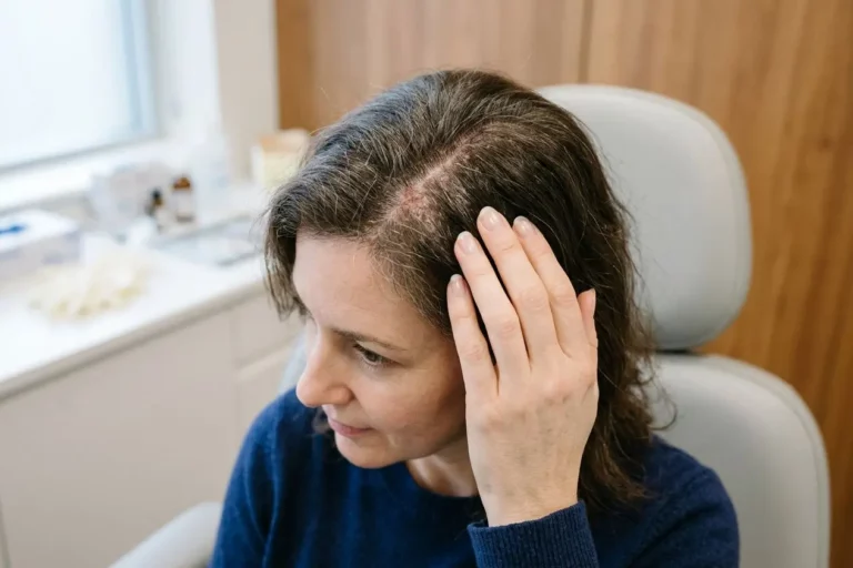 femme-consultante-main-cuir-chevelu-irrite-demontrant Femme consultante, main sur le cuir chevelu irrité, démontrant des démangeaisons et inconfort; contexte d’une solution naturelle pour cuir chevelu qui gratte.