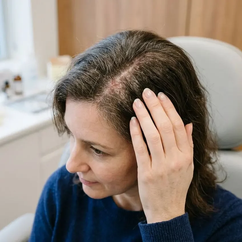 Femme consultante, main sur le cuir chevelu irrité, démontrant des démangeaisons et inconfort; contexte d’une solution naturelle pour cuir chevelu qui gratte.