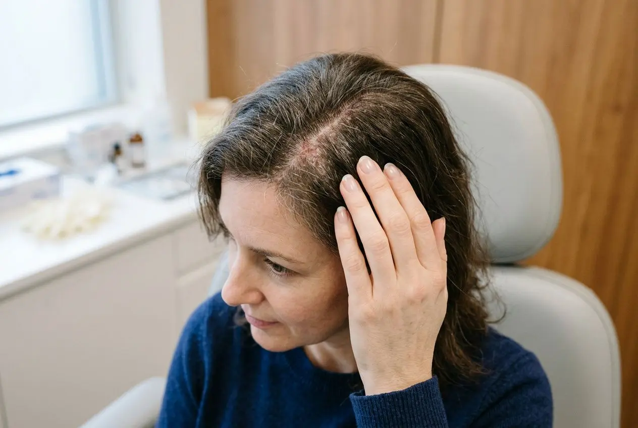 Femme consultante, main sur le cuir chevelu irrité, démontrant des démangeaisons et inconfort; contexte d’une solution naturelle pour cuir chevelu qui gratte.