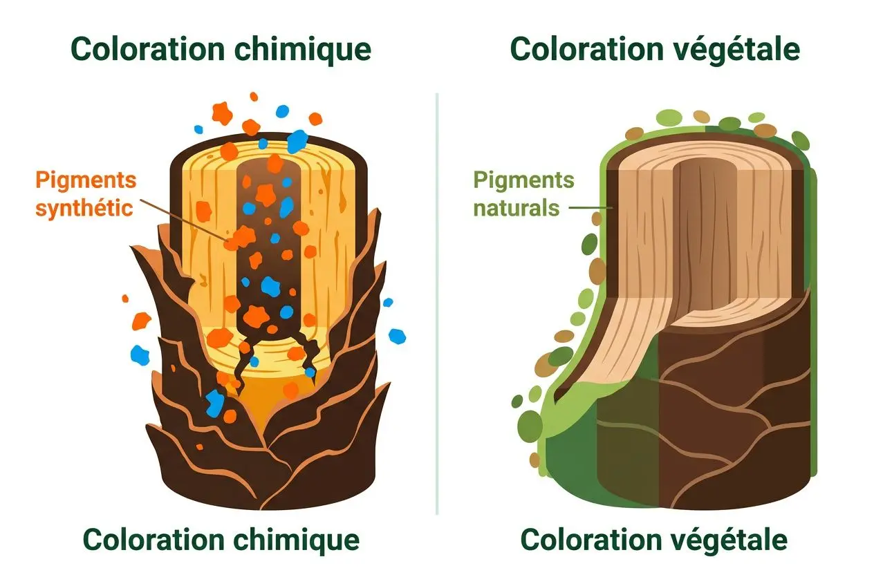 Comparaison: coloration chimique et coloration végétale. Allure d’un bois avec pigments synthétiques et éléments chimiques; côté droit, pigments naturels entourant le bois, représentant une coloration végétale plus douce et naturelle. coloration naturelle sans danger santé