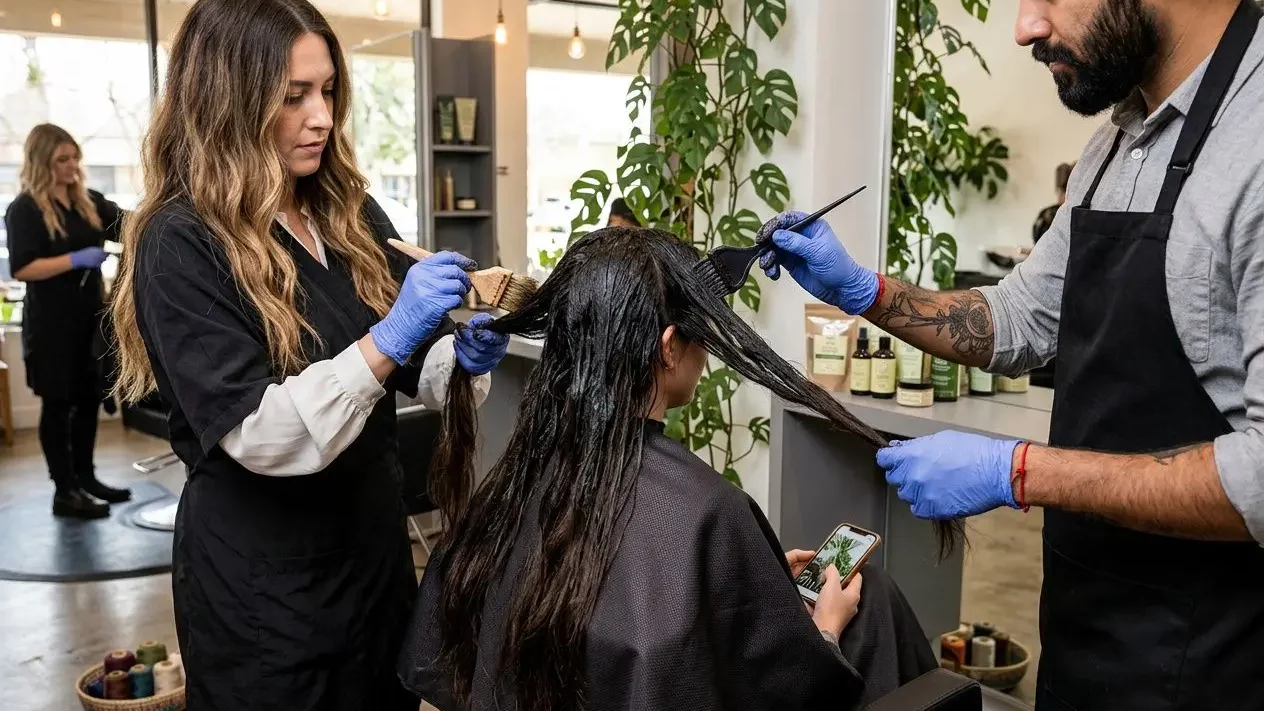 Deux coiffeurs travaillent sur une cliente, appliquant une coloration naturelle des cheveux avec des outils et gants bleus.