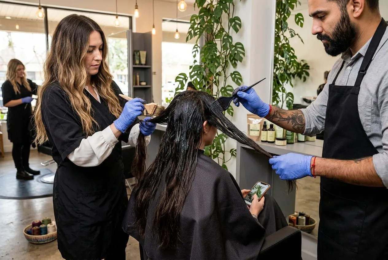 Deux coiffeurs travaillent sur une cliente, appliquant une coloration naturelle des cheveux avec des outils et gants bleus.