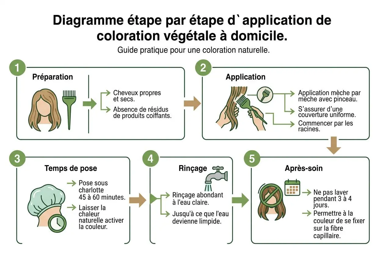 Diagramme étape par étape d’application de coloration végétale à domicile: préparation, application, temps de pose, rinçage et après‑soin pour une couleur naturelle.