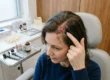 Femme examinant une zone irritée sur le cuir chevelu lors d’un rendez-vous, matériel clinique posé en arrière-plan. coloration naturelle sans danger santé est évoquée.