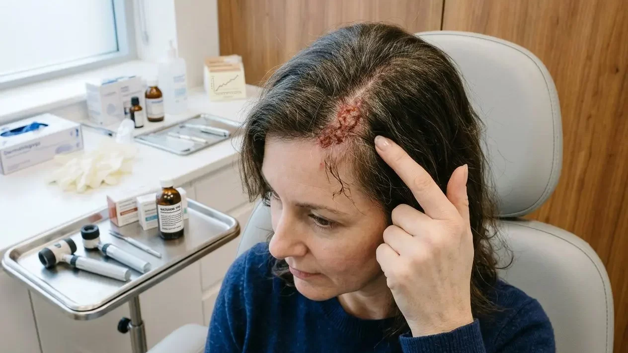 Femme examinant une zone irritée sur le cuir chevelu lors d’un rendez-vous, matériel clinique posé en arrière-plan. coloration naturelle sans danger santé est évoquée.