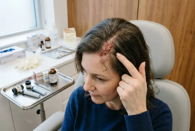 Femme examinant une zone irritée sur le cuir chevelu lors d’un rendez-vous, matériel clinique posé en arrière-plan. coloration naturelle sans danger santé est évoquée.