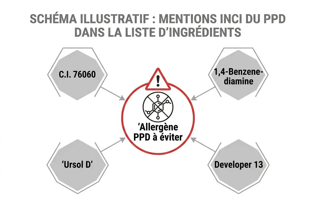 Schéma illustratif montrant les mentions INCI à éviter dans la liste d’ingrédients, avec un symbole allergène PPD à éviter au centre et quatre étiquettes périphériques.