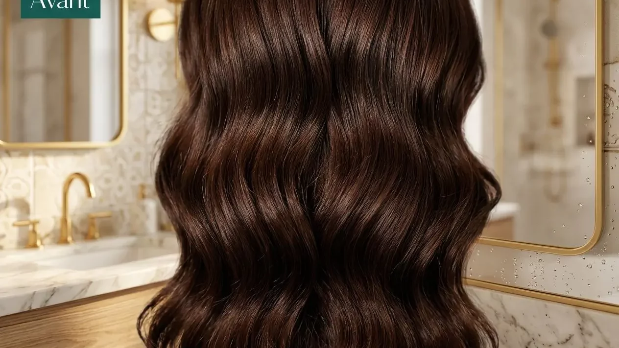 cheveux-longs-brillants-colores-nuances-brunes-ondulations Cheveux longs et brillants colorés en nuances brunes avec des ondulations suaves, illustration d’une coloration sans ammoniaque non permanente.