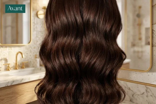 Cheveux longs et brillants colorés en nuances brunes avec des ondulations suaves, illustration d’une coloration sans ammoniaque non permanente.