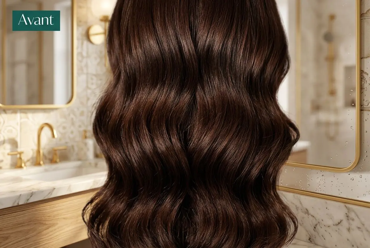 Cheveux longs et brillants colorés en nuances brunes avec des ondulations suaves, illustration d’une coloration sans ammoniaque non permanente.