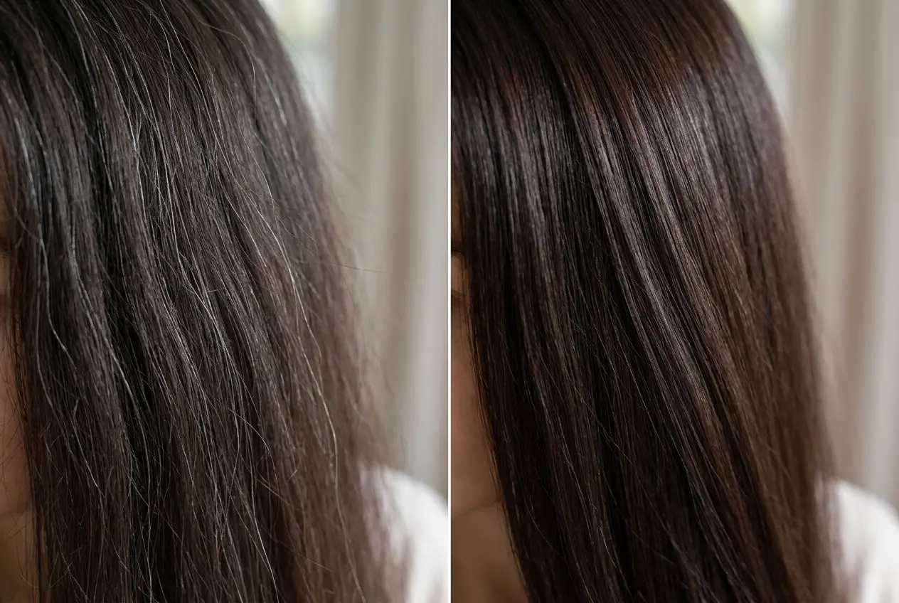 Comparaison avant/après une coloration cheveux naturelle écologique : mèches brunes éclatantes et reflets plus uniformes.