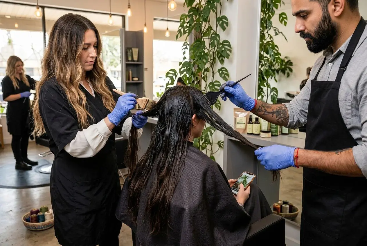 Deux stylistes appliquent une coloration capillaire sans ammoniaque non permanente sur une cliente assise, dans un salon moderne.