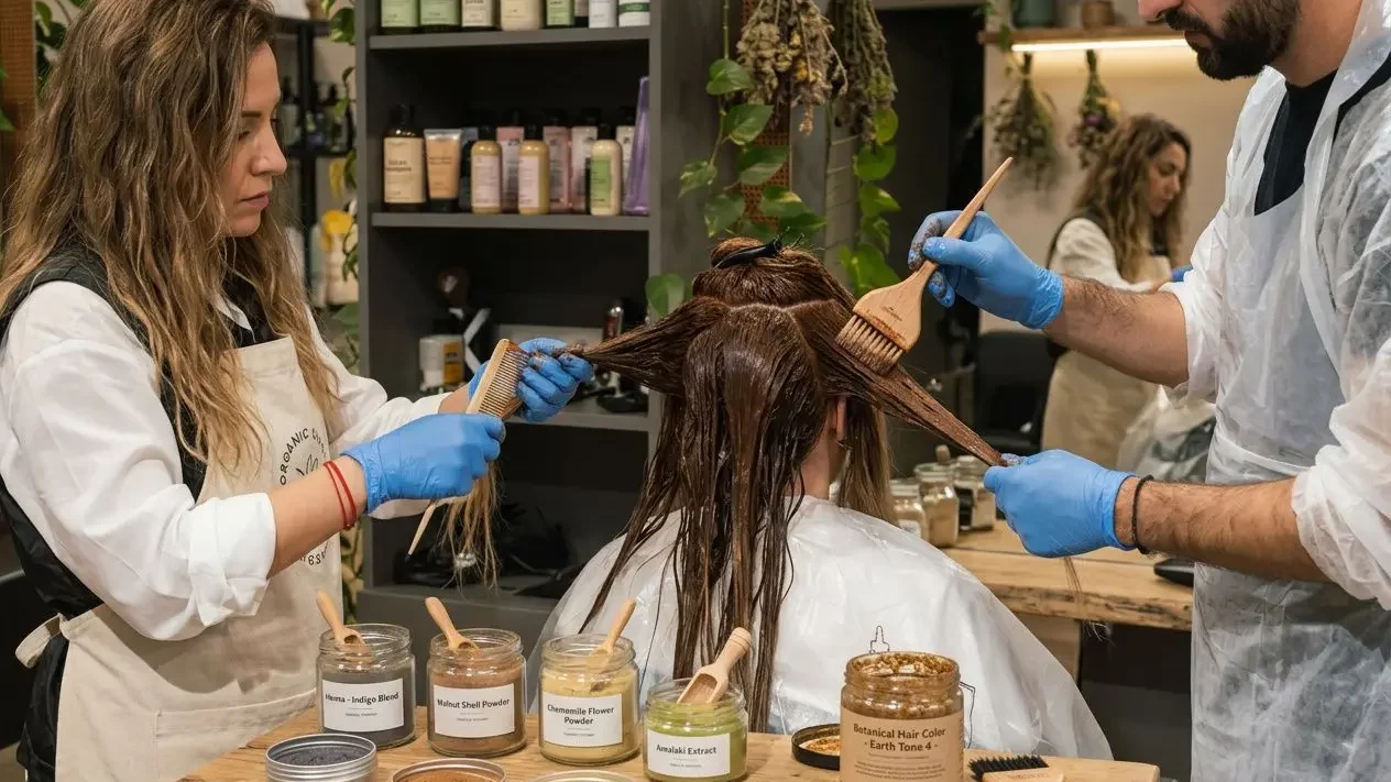 deux-stylistes-appliquent-coloration-cheveux-naturelle Deux stylistes appliquent une coloration cheveux naturelle écologique sur des cheveux mouillés, à l’aide de brosses.