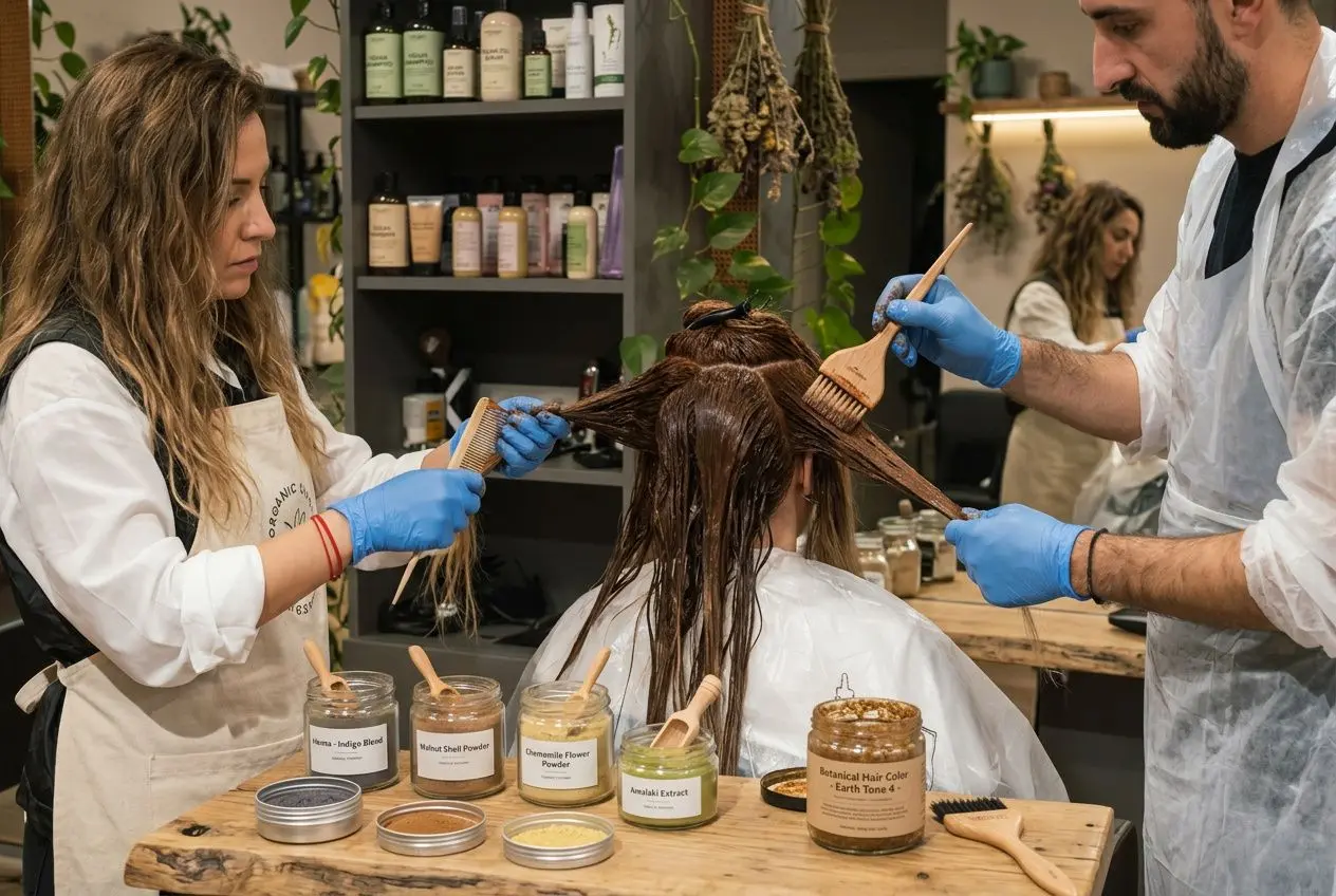 Deux stylistes appliquent une coloration cheveux naturelle écologique sur des cheveux mouillés, à l’aide de brosses.