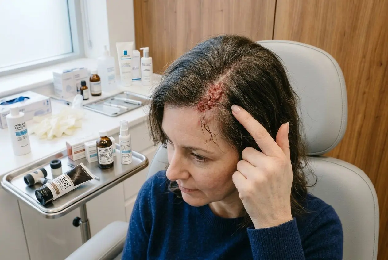 Femme en cabinet médical touchant une zone près du cuir chevelu blessé, avec des produits de soins capillaires sur une table à roulettes à côté. coloration sans ammoniaque non permanente (suggestion liée).