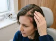 Femme examinant une zone du cuir chevelu présentant des irritations et rougeurs, près de la tempe et du front. Incorporation du mot-clé: shampoing cuir chevelu sensible.