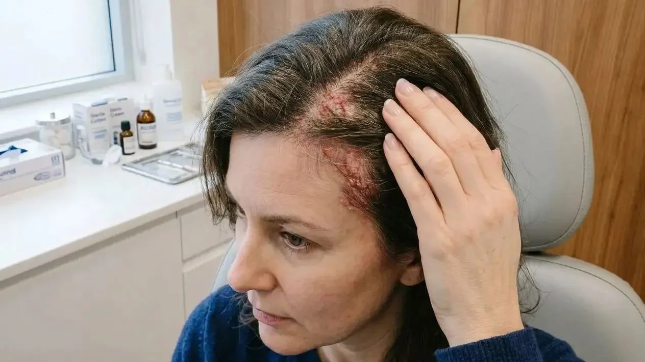 Femme examinant une zone du cuir chevelu présentant des irritations et rougeurs, près de la tempe et du front. Incorporation du mot-clé: shampoing cuir chevelu sensible.