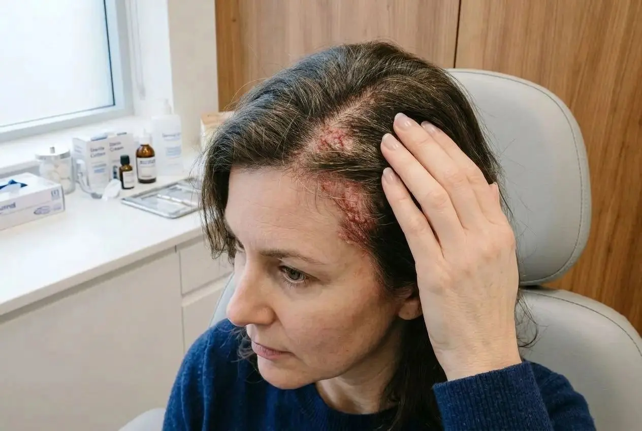Femme examinant une zone du cuir chevelu présentant des irritations et rougeurs, près de la tempe et du front. Incorporation du mot-clé: shampoing cuir chevelu sensible.