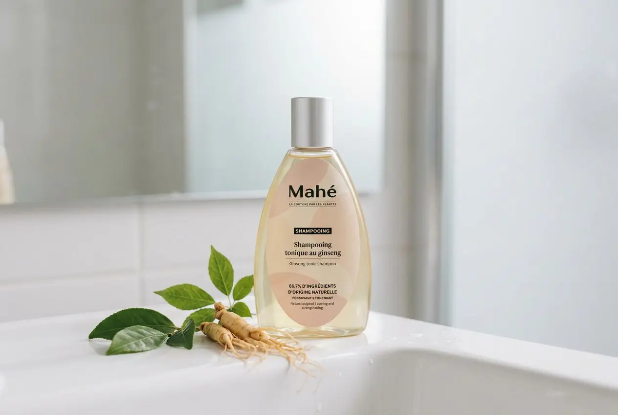 Flacon de shampoing Mahé pour cuir chevelu sensible posé sur le rebord d’un lavabo, avec des racines de ginseng et des feuilles à côté.